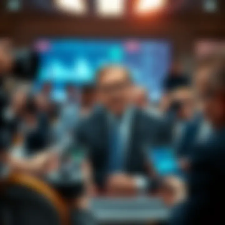Michael Saylor speaking at a financial conference, surrounded by reporters and cameras as he addresses his recent controversies