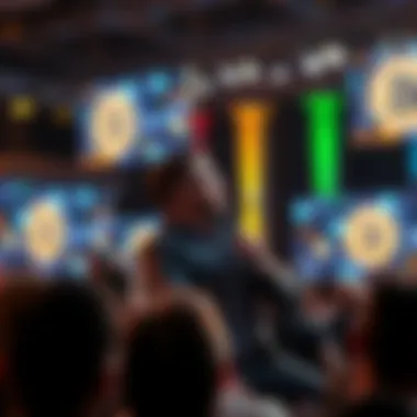 Michael Saylor speaking at a crypto conference Michael Saylor passionately addressing an audience at a cryptocurrency event, with screens displaying Bitcoin logos in the background