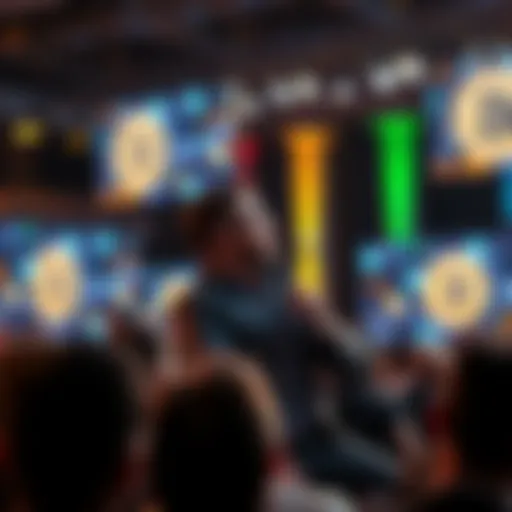 Michael Saylor speaking at a crypto conference Michael Saylor passionately addressing an audience at a cryptocurrency event, with screens displaying Bitcoin logos in the background