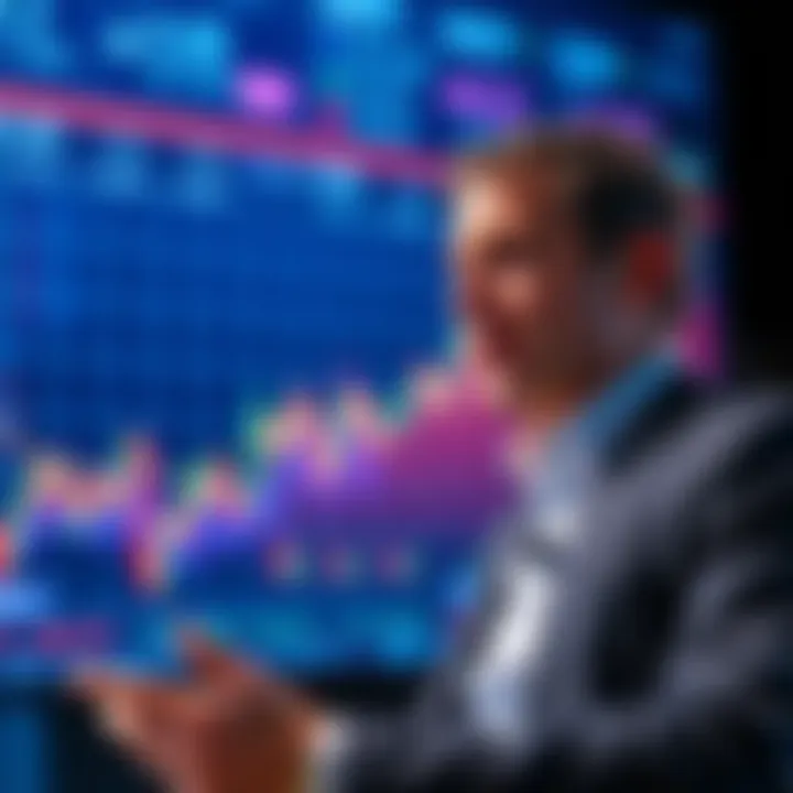 Michael Saylor speaking at a conference with charts showing cryptocurrency trends in the background