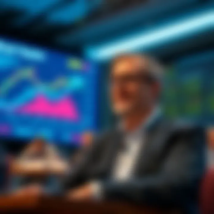 Michael Saylor discussing his new digital capital model at a conference, with a presentation slide displaying financial graphs and data.