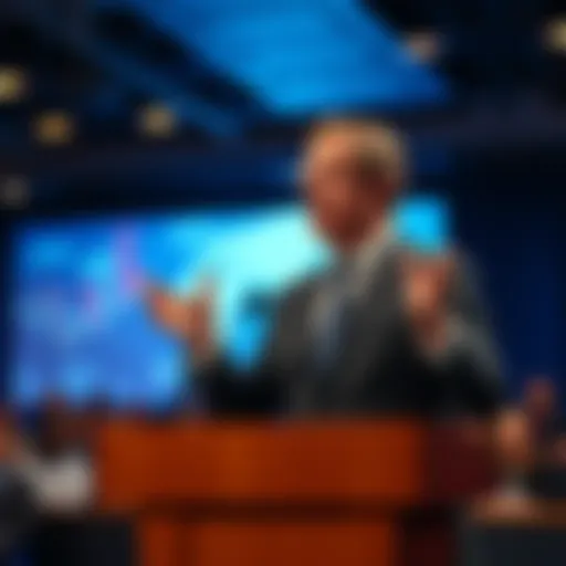 Michael Saylor standing at a podium, speaking to an audience about upcoming financial challenges for investors.