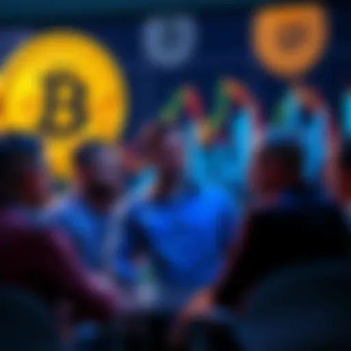 A group of people discussing Michael Saylor's controversial views on Bitcoin, with graphs showing Bitcoin's price fluctuations in the background.