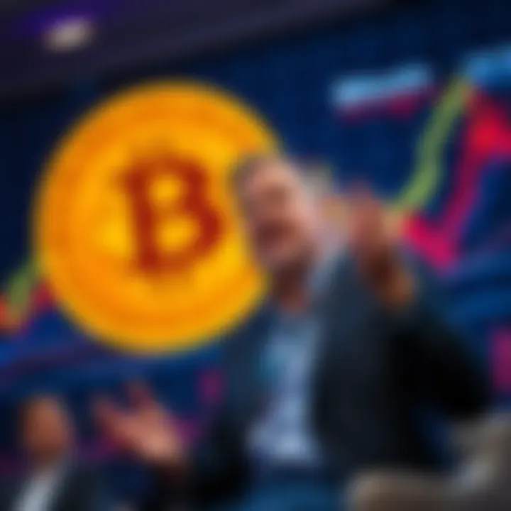 Michael Saylor speaks passionately about buying Bitcoin at any price in a conference setting, with a graph showing Bitcoin's price fluctuations behind him.