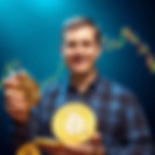 Michael Saylor holding Bitcoin coins with a graph showing market rise in the background