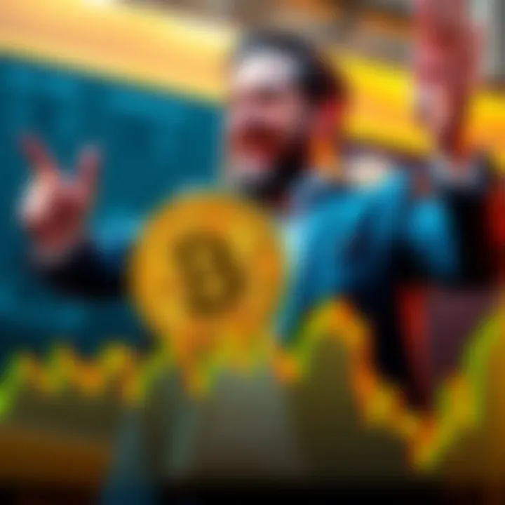 Michael Saylor celebrating the purchase of 1,587 Bitcoin after selling 32, with a graph showing Bitcoin's fluctuating value.