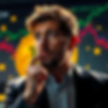 Michael Saylor contemplating the sale of Bitcoin, looking thoughtful with Bitcoin graphics in the background