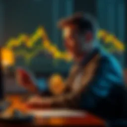 Michael Saylor at a desk looking at cryptocurrency charts while holding a Bitcoin symbol, reflecting on his recent sale of 32 BTC.