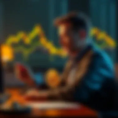 Michael Saylor at a desk looking at cryptocurrency charts while holding a Bitcoin symbol, reflecting on his recent sale of 32 BTC.