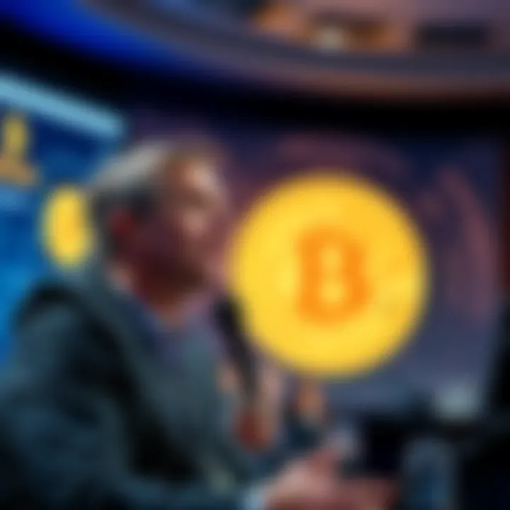 Michael Saylor speaking at a conference about Bitcoin, with a backdrop featuring the Bitcoin logo.