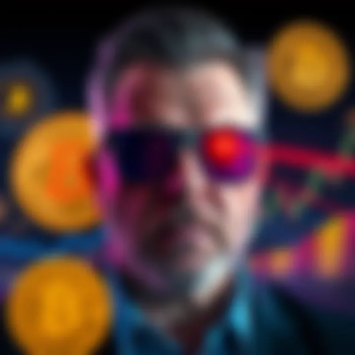 Michael Saylor wearing Laser Eyes glasses, representing his return to the crypto scene, with Bitcoin symbols in the background and charts showing rising investments from Bitcoin whales.