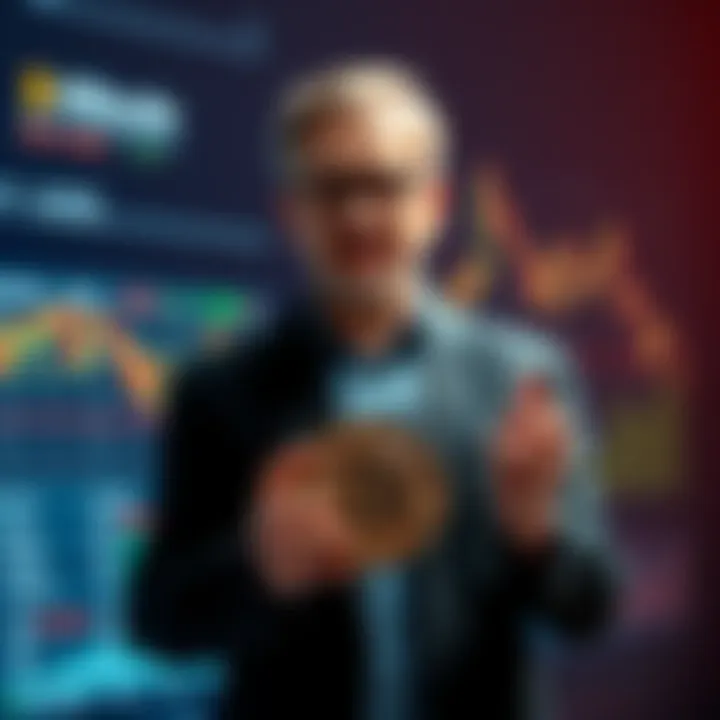 Michael Saylor stands with a chart showing declining Bitcoin prices while holding a Bitcoin