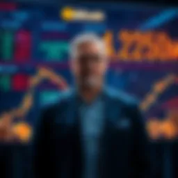 Michael Saylor stands in front of a digital display showing Bitcoin prices and sold Bitcoin amount.