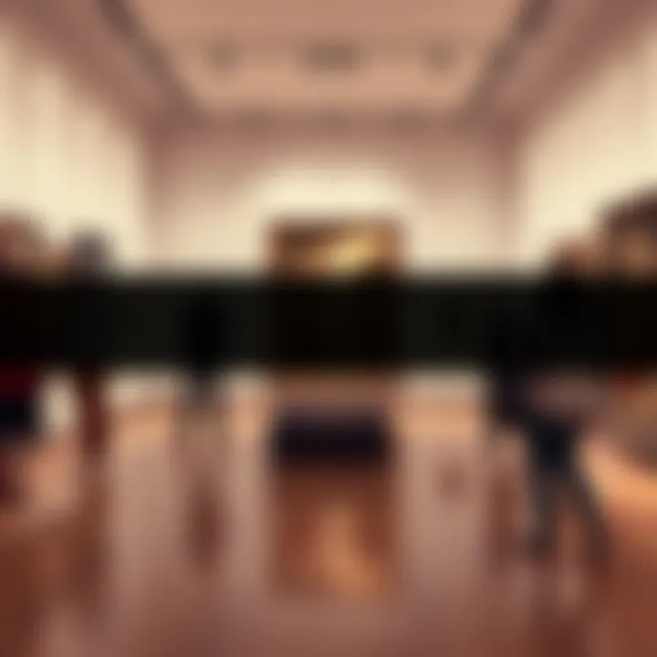 A contemporary art gallery showcasing a modern painting inspired by Michelangelo's style, with people admiring the artwork.