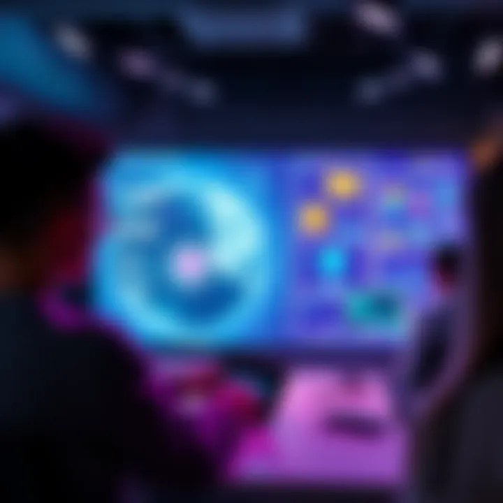 A visual representation of Microsoft Dreamspace, showing people creating apps without code using an innovative interface and blockchain technology for secure data.