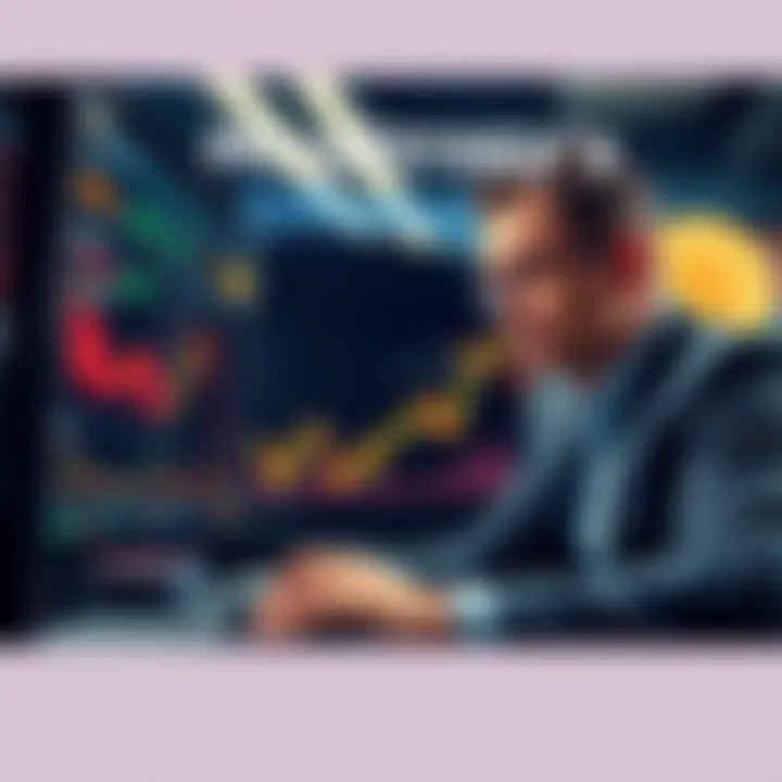 A graph showing MicroStrategy's declining stock value alongside Bitcoin trends, with a worried investor looking at screens displaying financial data.