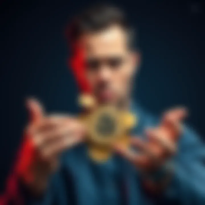 A person holding bitcoin coins with a worried expression, symbolizing MicroStrategy's decision to sell bitcoin assets.