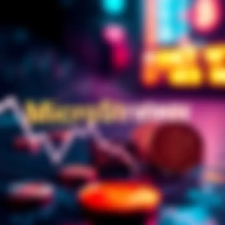 MicroStrategy logo with a downward trend graph and Bitcoin symbols, illustrating financial struggles.