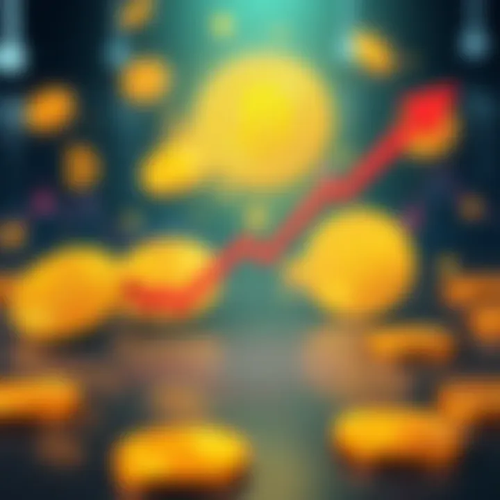 Illustration showing a downward trend line representing MicroStrategy's market value falling below its Bitcoin holdings, with Bitcoin symbols in the background.