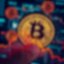 A graph showing a sharp drop in MicroStrategy's stock value, indicating a 45% decline, with Bitcoin symbols in the background.