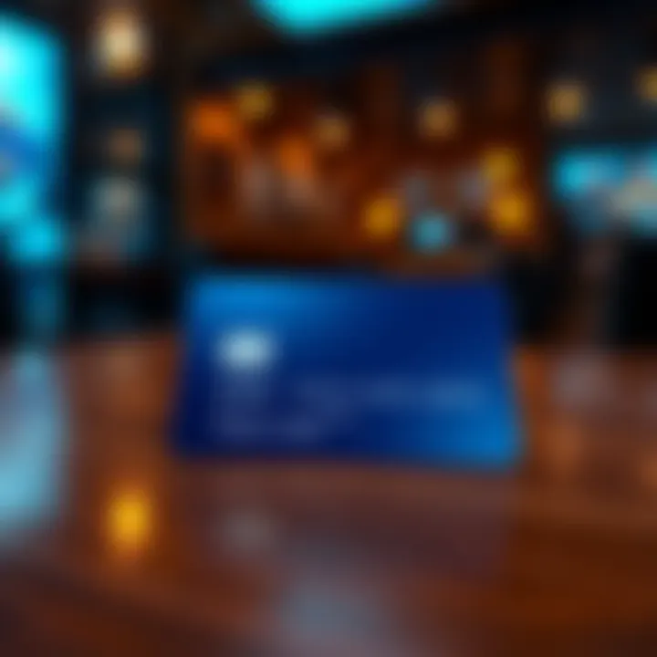 A midnight blue physical card resting on a wooden table, ready for use.