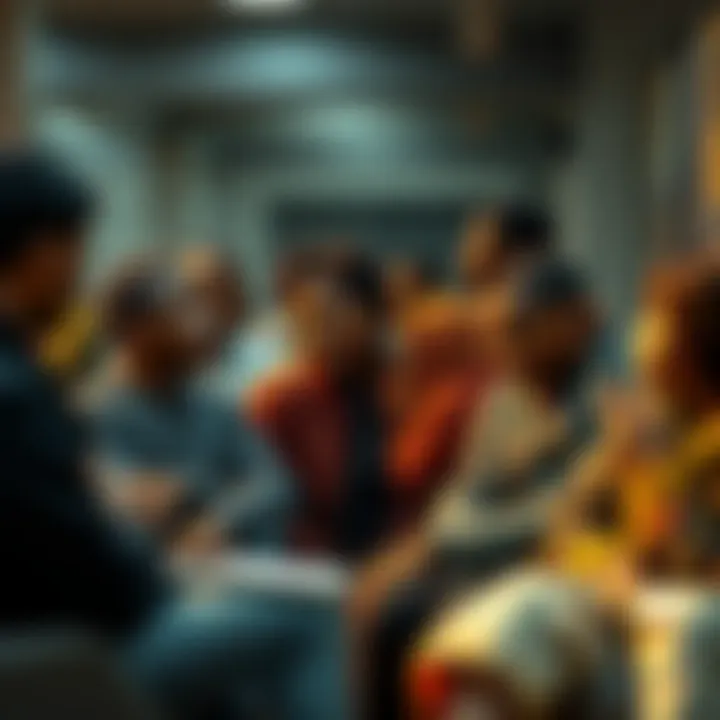 A diverse group of people discussing their migration statuses in a community setting, highlighting various stages of migration and its impact.