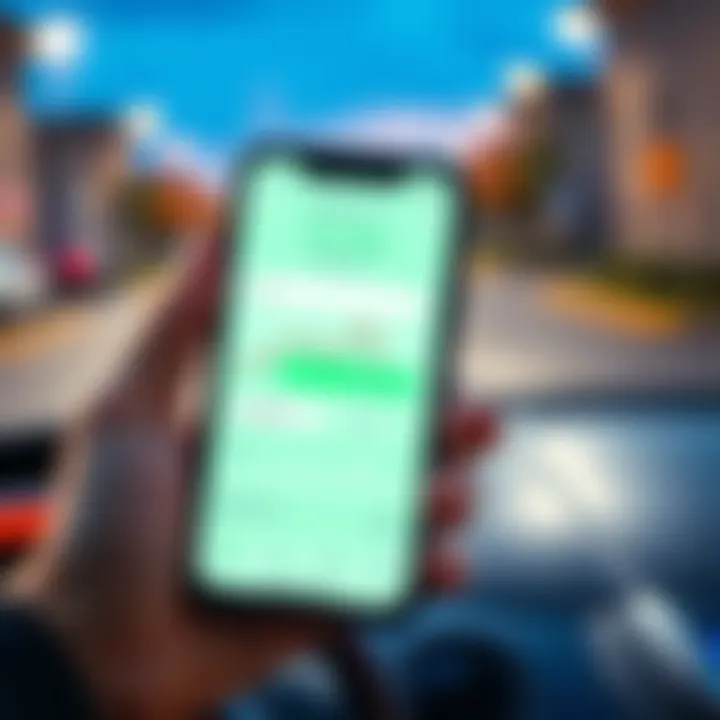 A person's hand holding a smartphone displaying a mileage tracker app with a car in the background