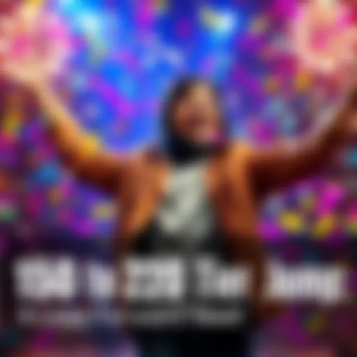 A person joyfully celebrating a successful jump from one tier to another, with colorful confetti falling around them.