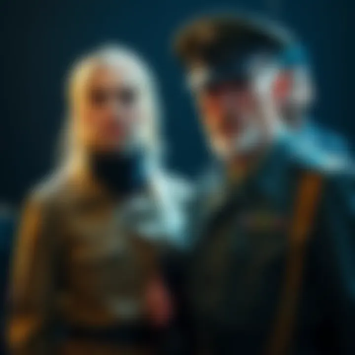 A young woman stands beside an elderly man dressed in military uniform, both looking serious in a somber setting.