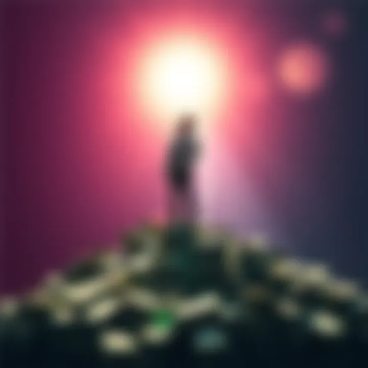 A person standing on a pile of money with a hopeful expression, looking towards a bright future.