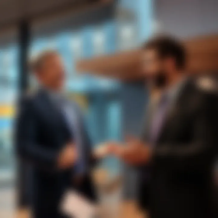 A cheerful person dressed in a suit humorously discussing rent issues with a surprised landlord