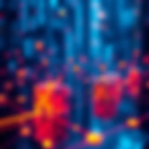 A visual representation of a Mimblewimble blockchain executing smart contracts while ensuring user privacy. The scene shows abstract digital blocks connected with lines, illustrating confidentiality i...