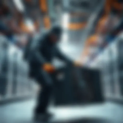 A miner struggles to lift and carry a heavy ASIC unit in a cryptocurrency mining facility