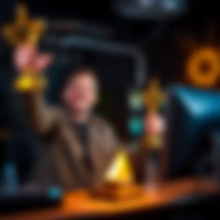 A happy miner holding a trophy, celebrating a major milestone after 92 days of mining at a computer setup