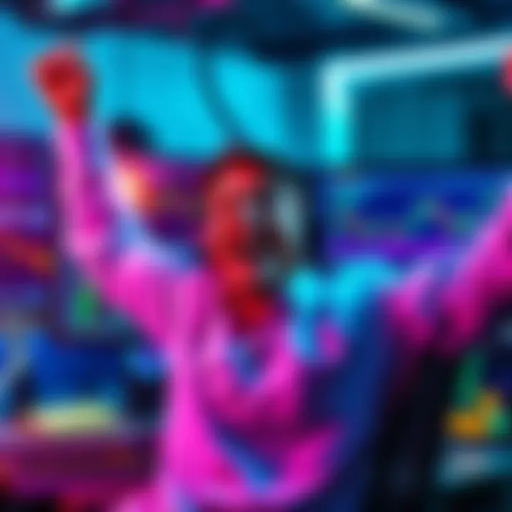 Miner Celebrating Success A happy miner celebrating after finding a block while solo mining, with a computer setup in the background showing mining software and cryptocurrency charts.