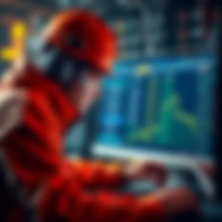 A miner looks at a computer screen displaying options for mining pools, focusing on performance metrics and ping levels