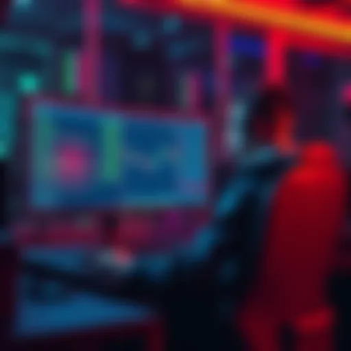 A miner sitting in front of a computer screen showing cryptocurrency data after finding two blocks in quick succession.