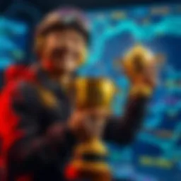 A miner holding a gold trophy, symbolizing success in blockchain mining, with a digital mining interface in the background.