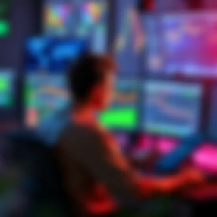 A person sits in front of a computer screen, looking at mining software and charts, contemplating a switch from P2Pool-mini to P2Pool-nano.