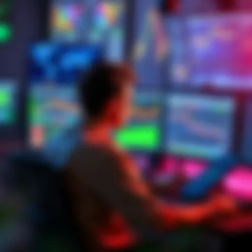 Miner considering a switch in setups A person sits in front of a computer screen, looking at mining software and charts, contemplating a switch from P2Pool-mini to P2Pool-nano.