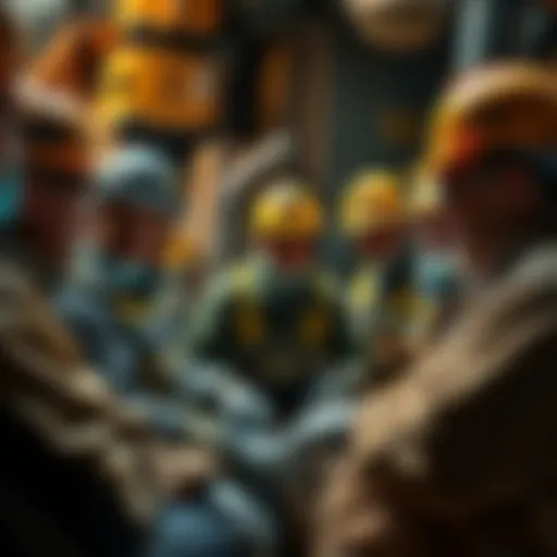 A group of miners discussing their health challenges and experiences with long-term illness due to occupational exposure.