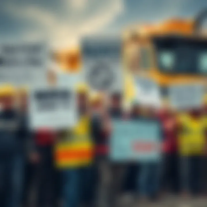 A group of miners holding signs to protest against NOVA's practices, with mining equipment in the background.