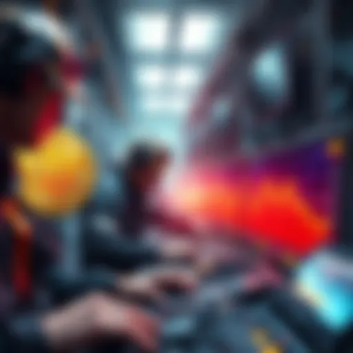 A group of Bitcoin miners at work, selling their digital currency, with a visual of declining holdings displayed on a screen.