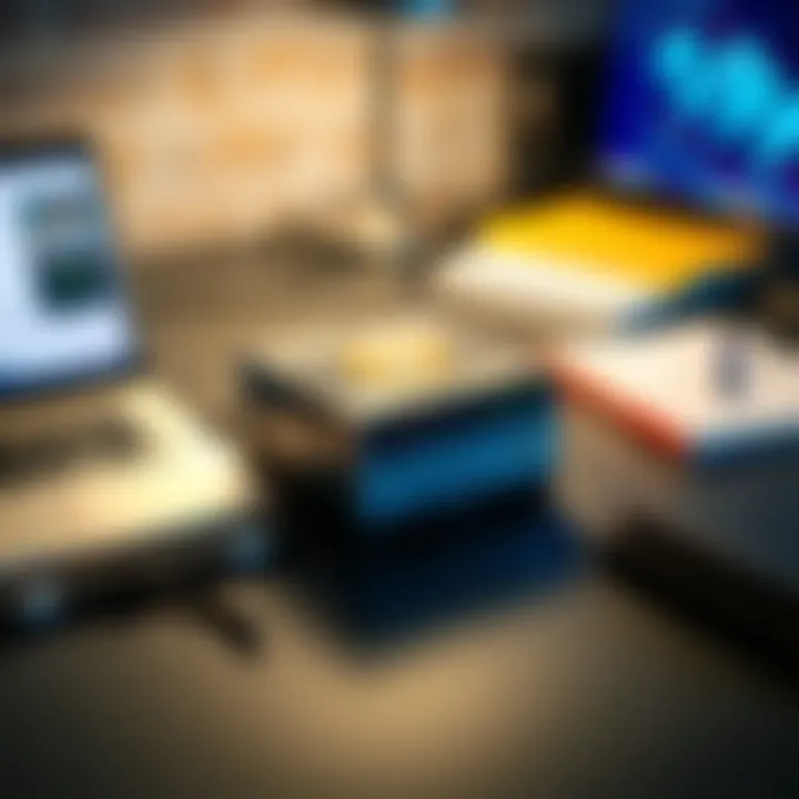 A compact mini Bitcoin miner placed on a student’s desk surrounded by a laptop and textbooks.