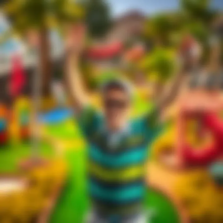 Mini Golf Player Celebrating A mini golf player smiles and raises their arms in celebration after reaching the Top 100 ranking, with a colorful mini golf course in the background.