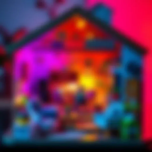 A vibrant dollhouse filled with small toys, showcasing a cozy living space.