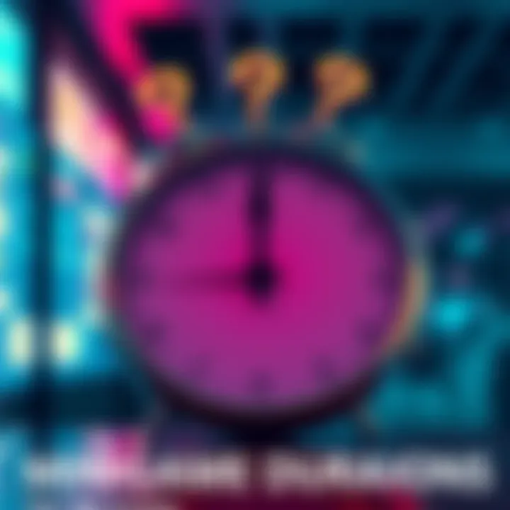 A clock showing different times to represent varying minigame durations, one side showing 1 hour and the other 2 hours, with question marks above it.