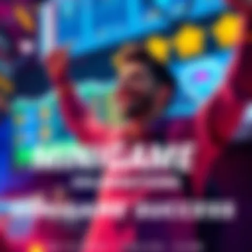 A player celebrating after achieving top ranks in minigames, showing a scoreboard with a high score and a badge concept in the background.