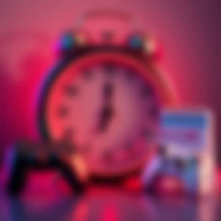A clock showing 7pm with game controllers and a calendar beside it, symbolizing the start of minigames during the week.