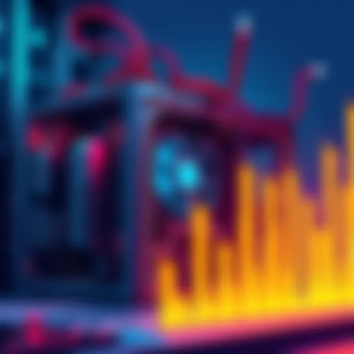 A detailed illustration of a mining rig with graphs showcasing difficulty trends, symbolizing data analysis in solo mining.